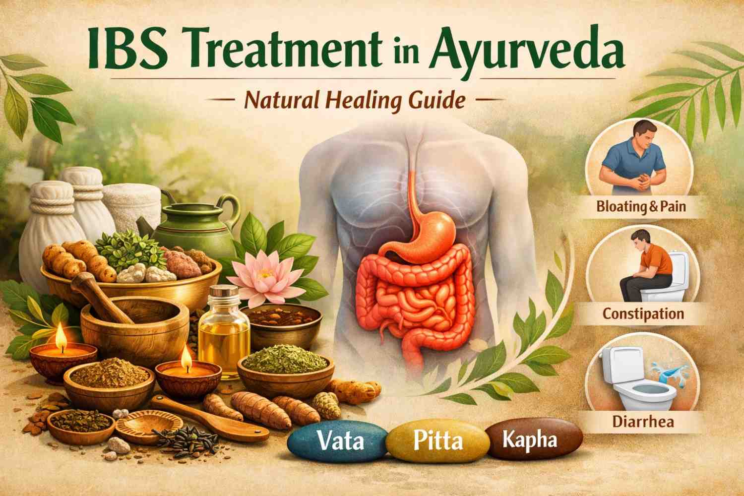 IBS Treatment in Ayurveda showing herbal remedies, digestive system, and Vata Pitta Kapha balance for natural healing
