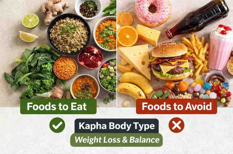 Kapha body type diet plan showing foods to eat and foods to avoid for weight loss and balance