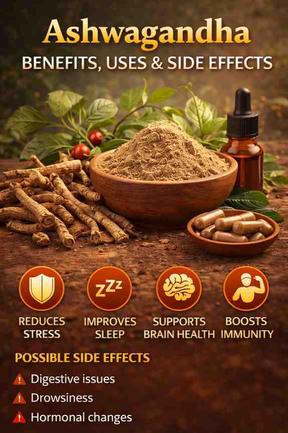 Ashwagandha benefits uses and side effects showing ashwagandha root powder capsules and herbal extract for stress relief and immunity