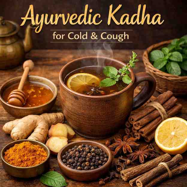 Ayurvedic kadha for cold and cough with ginger, tulsi, cinnamon, black pepper, turmeric, honey, and lemon in a steaming herbal drink.