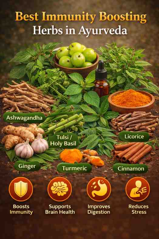 Best immunity boosting herbs in Ayurveda including ashwagandha, tulsi, turmeric, ginger, cinnamon, licorice, and amla for natural immune support