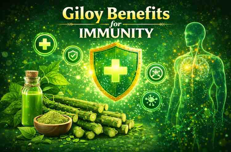 Giloy benefits for immunity showing giloy stems, powder, juice, and immune shield protecting the human body