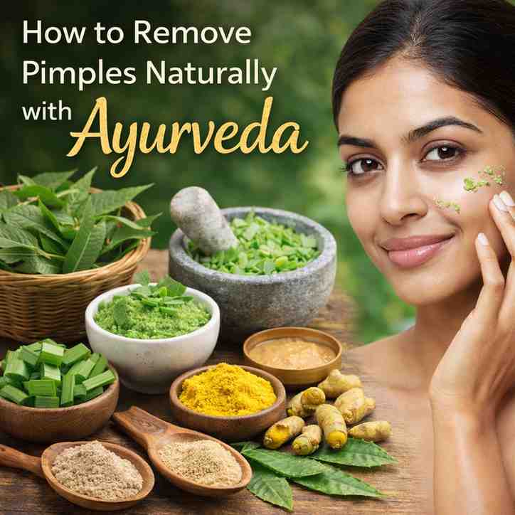 Woman applying Ayurvedic herbal face pack with neem, turmeric, aloe vera, and natural ingredients for removing pimples naturally.