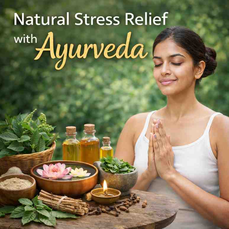Natural stress relief with Ayurveda through meditation, herbal oils, tulsi leaves, and traditional Ayurvedic remedies for mental wellness.