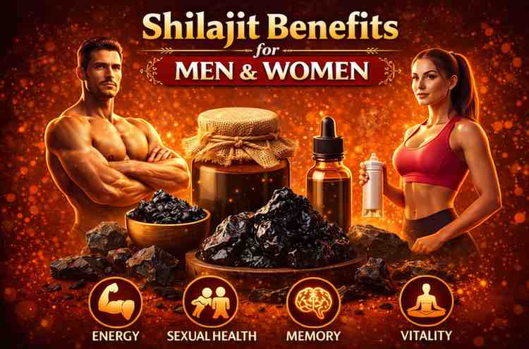 Shilajit benefits for men and women showing shilajit resin, supplement bottle, and healthy male and female representing energy and vitality