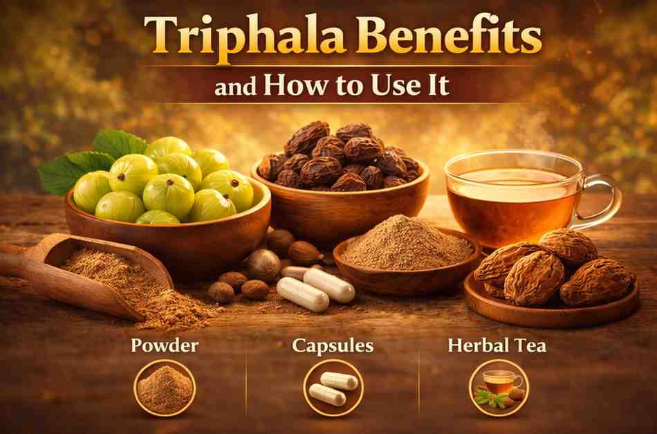 Triphala benefits and how to use it showing amalaki, bibhitaki, haritaki fruits with triphala powder and capsules for digestion and immunity